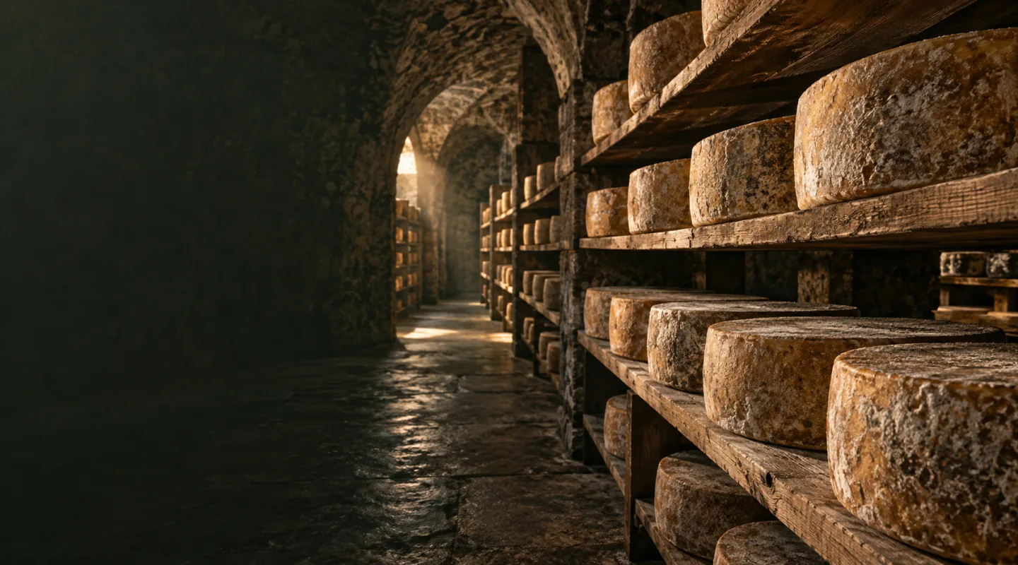 Forme a crosta naturale in stagionatura su scaffali di legno in una cantina di pietra a volta
