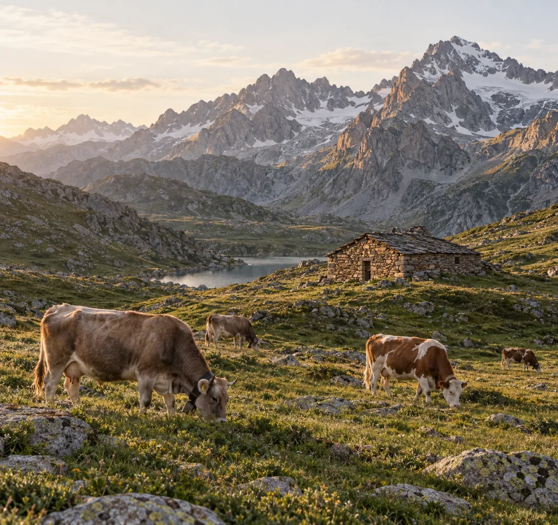 Vacche al pascolo in alta quota, con una baita di pietra e un lago alpino sullo sfondo