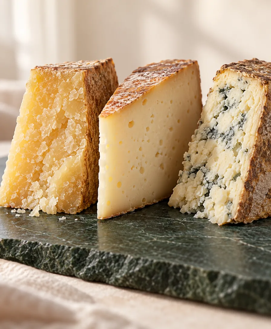 Tre spicchi di formaggio su una lastra di pietra: pasta granulosa, pasta compatta con piccoli occhi e pasta erborinata