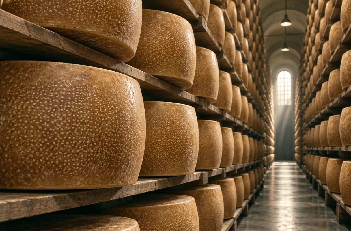 Grandi forme di formaggio in stagionatura su alti scaffali di legno lungo un magazzino