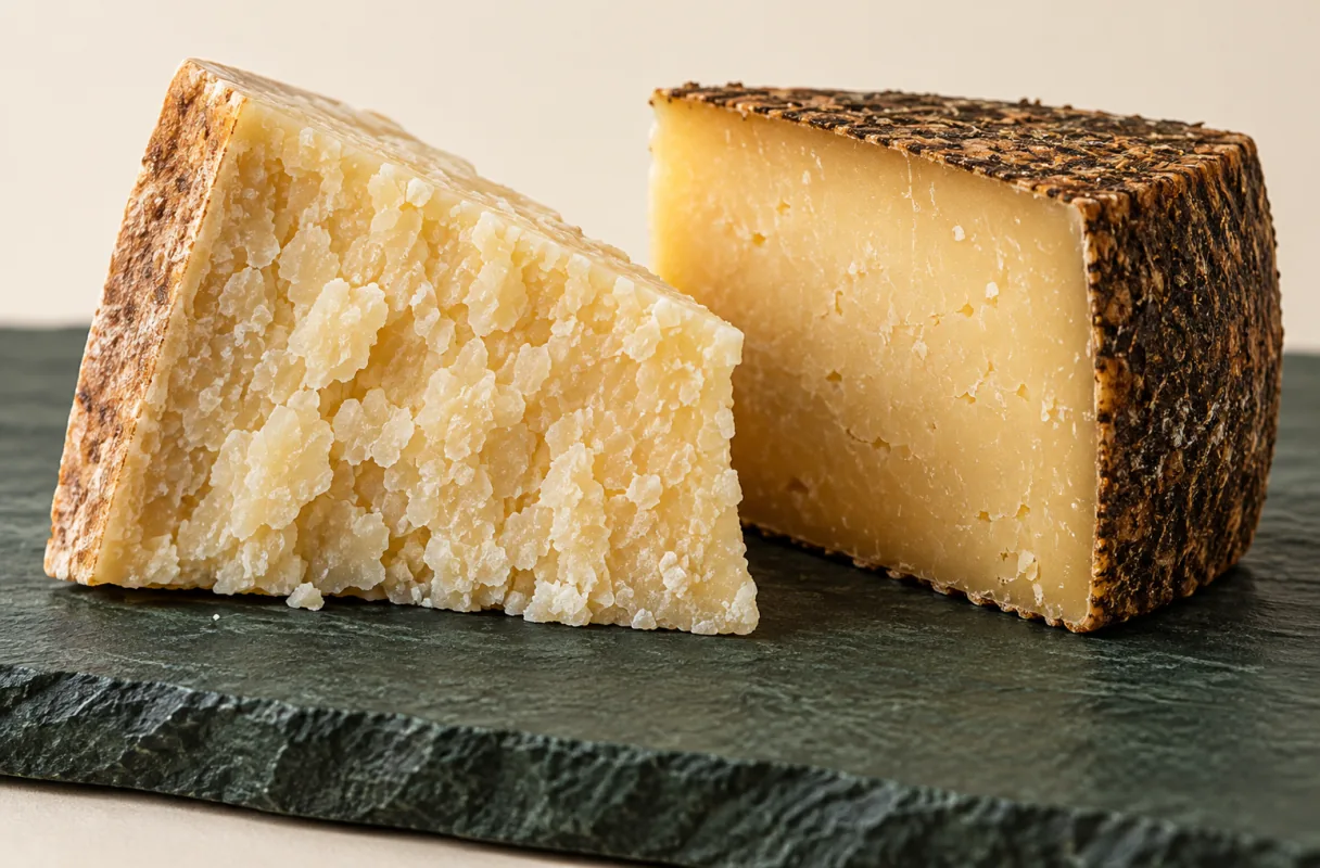 Due spicchi di formaggio su una lastra di pietra, uno a pasta granulosa e uno a pasta compatta con la crosta scura